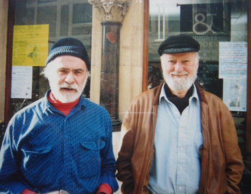 A photograph of Dick McBride and Lawrence Ferlinghetti outside Sherratt and Hughes Books, Worcester (1988).